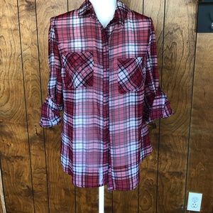 Xhiliration Red Flannel Sheer Blouse. XS
